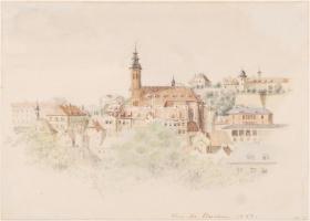 Elisabeth von Schukowski (szül. von Reutern, 1821-1856): Vue de Baden 1851. Akvarell, papír, jelzett, hátulján feliratozva. Vaszilij Andrejevics Zsukovszkij (1783-1852) orosz költő, műfordító feleségének akvarellje, kilátás a Sophienstraße 5. szám alatt álló Palais Kleinmann-ból, baden-badeni lakásukból (1848-1852), ahol az író az Odüsszeia orosz fordítását készítette. Üvegezett fa keretben, 15,5×21 cm / &lt;br/&gt; &lt;br/&gt;Elisabeth von Schukowski (née von Reutern, 1821-1856): Vue de Baden 1851. Watercolour painting on paper, signed, with inscriptions on the back. The painting of the wife of Vasily Andreyevich Zhukovsky (1783-1852) Russian poet, translator. View from the Palais Kleinmann under Sophienstraße 5., Baden-Baden where they lived between 1848-1852 and where Zhukovsky translated the Odyssey into Russian. In glassed wooden frame, 15,5×21 cm / &lt;br/&gt; &lt;br/&gt;&amp;#1045;&amp;#1083;&amp;#1080;&amp;#1079;&amp;#1072;&amp;#1074;&amp;#1077;&amp;#1090;&amp;#1072; &amp;#1045;&amp;#1074;&amp;#1075;&amp;#1088;&amp;#1072;&amp;#1092;&amp;#1086;&amp;#1074;&amp;#1085;&amp;#1072; &amp;#1056;&amp;#1077;&amp;#1081;&amp;#1090;&amp;#1077;&amp;#1088;&amp;#1085; (1821-1856): Vue de Baden 1851 / &amp;#1042;&amp;#1080;&amp;#1076; &amp;#1041;&amp;#1072;&amp;#1076;&amp;#1077;&amp;#1085;&amp;#1072; 1851 &amp;#1075;. &amp;#1046;&amp;#1080;&amp;#1074;&amp;#1086;&amp;#1087;&amp;#1080;&amp;#1089;&amp;#1100; &amp;#1078;&amp;#1077;&amp;#1085;&amp;#1099; &amp;#1042;&amp;#1072;&amp;#1089;&amp;#1080;&amp;#1083;&amp;#1080;&amp;#1103; &amp;#1046;&amp;#1091;&amp;#1082;&amp;#1086;&amp;#1074;&amp;#1089;&amp;#1082;&amp;#1086;&amp;#1075;&amp;#1086; (1783-1852), &amp;#1072;&amp;#1082;&amp;#1074;&amp;#1072;&amp;#1088;&amp;#1077;&amp;#1083;&amp;#1100;, &amp;#1073;&amp;#1091;&amp;#1084;&amp;#1072;&amp;#1075;&amp;#1072;, &amp;#1086;&amp;#1073;&amp;#1088;&amp;#1072;&amp;#1084;&amp;#1086;&amp;#1074;&amp;#1091;&amp;#1074;&amp;#1072;&amp;#1090;&amp;#1080;, 15,5×21 cm