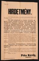 1916 Nagykőrös, A hadsereg fémszükségleteinek fedezése ügyén a fémek beszolgáltatására felszólító hirdetmény, 47x31 cm