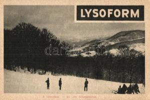 A hómezőkön, a Képes Újság felvételei; hátoldalán Lysoform reklám / WWI military card, soldiers, winter; Lysoform advertisement on the backside (EK)