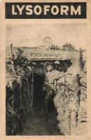 Harctéri villa, a Képes Újság felvételei; hátoldalán Lysoform reklám / WWI military card, military bunker; Lysoform advertisement on the backside (EB)