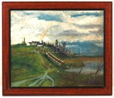 Olvashatatlan jelzéssel: Ahol a szivárvány földet ér, olaj, vászon, fa keretben, 29,5×36 cm