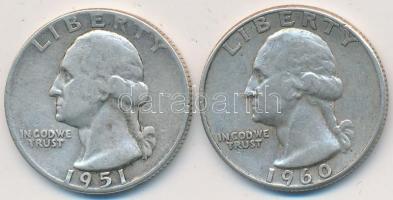 Amerikai Egyesült Államok 1951D-1960. 1/4$ Ag "Washington Quarter" (2x) T:2-
USA 1951D-196...