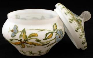 Kézzel festett üveg bonbonier fedővel, hibátlan, jelzés nélkül, m:15cm, d:12cm