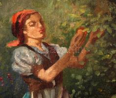 Prohászka József (1886-1964): Almaszedés. Olaj, vászon, jelzett, antik keretben, 80×60 cm