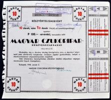 Budapest 1946. "Magyar Czukoripar - Részvénytársaság" részvényelismervény 100P + 200P névé...
