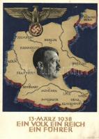 1938 Ein Volk, ein Reich, ein Führer / Adolf Hitler, NS propaganda, map of Germany So. Stpl