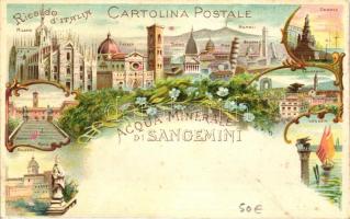 Ricordo d'Italia, Milano, Firenze, Torino, Napoli,..; Acqua minerale di Sangemini / mineral water advertisement, litho (fl)
