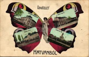 Hatvan, szecessziós pillangós képeslap, kiadja Hoffman M. L. / Art Nouveau, butterfly layout