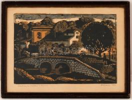 Alexin Andor (1921-2003) : Battonyai részlet. Linó, papír, jelzett, üvegezett keretben, 25x34 cm