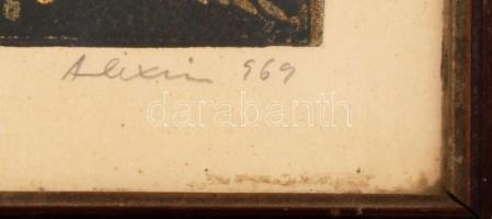 Alexin Andor (1921-2003) : Battonyai részlet. Linó, papír, jelzett, üvegezett keretben, 25x34 cm