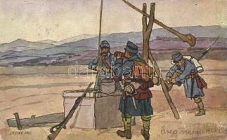 2 db RÉGI motívumlap, szignós (Juszkó, Kossak); katonai / 2 old motive cards, artist signed (JUszkó,...