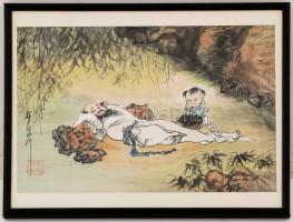 Gao Xue Hai: A fiú és az alvó öreg. Vegyes technika, papír, jelzett, üvegezett keretben, 22x32 cm