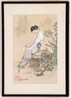 Gao Xue Hai: Lány a virágoskertben. Vegyes technika, papír, jelzett, üvegezett keretben, 29x20 cm