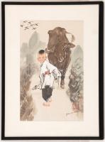 Gao Xue Hai: A bivallyal. Vegyes technika, papír, jelzett, üvegezett keretben, 29x19 cm