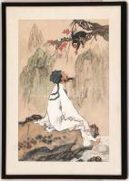 Gao Xue Hai: A bölcs és a majom. Vegyes technika, papír, jelzett, üvegezett keretben, 32x22 cm