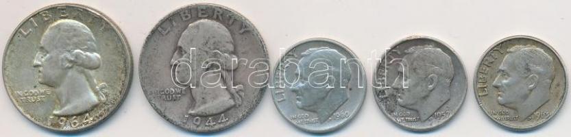 Amerikai Egyesült Államok 1944S-1964. 1/4$ Ag "Washington Quarter" (2x) + 1957D-1963D 1D A...