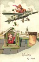 New Year, Children, aeroplane, clovers, E.A.S. 1961 litho (EK)
