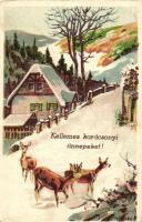 Christmas, winter landscape, deers, litho (fa)