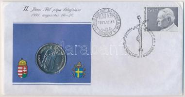 1991. 100Ft "II. János Pál pápa magyarországi látogatása" érmés borítékban első napi bélyegzős bélyeggel bontott eredeti csomagolásban T:1