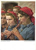 Musizierende Arbeitsmaiden / German Nazi labor women music band, flute, violin, So. Stpl s: Max Wechsler (small tear)