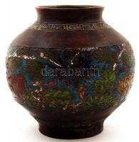 Antik, japán, rekeszzománcos bronz váza, 15x15cm, lyukas
