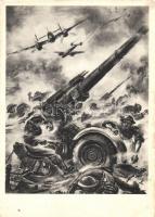 Német repülőtámadás, angol repülőhárító ágyúk állásai ellen / WWII German-British military, cannon, aircraft, artist signed (EK)