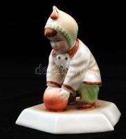 Zsolnay labdázó gyermek, kézzel festett, hibátlan, jelzett(Sinkó), 14x11 cm / Handpainted Zsolnay chinaware figure in flawless condition