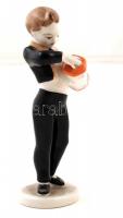 Hollóházi porcelán harmonikázó kisfiú, kézzel festett, hibátlan, jelzett, m: 14 cm