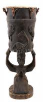 Fából faragott, állatmotívumokkal gazdagon díszített afrikai törzsi dob, m: 73 cm / African tribal drum, carved from wood, richly ornated with animal motifs, h: 73 cm