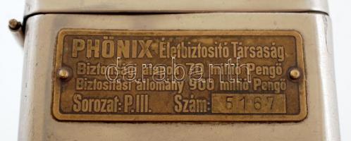 cca 1930-1940 Phönix Biztosító Társaság kulccsal zárható fém perselye, kulcs nélkül /
Metal money bo...