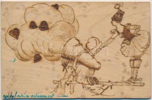 Circus, acrobats, love cannon, humour, thick wooden card