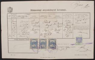 1923 Izraelita vallású személyek számára kiadott házassági anyakönyvi kivonat 3x4 korona és 5 korona okmánybélyegekkel