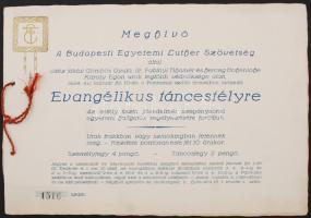 1934 Meghívó a Budapesti Egyetemi Luther Szövetség által rendezett evangélikus táncestélyre, belsejében a rendező tagok nevének felsorolásával