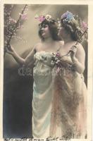 Lady with flowers - 2 old postcards