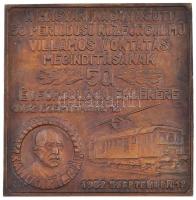 1982. "A magyar nagyvasúti 50 periódusú közforgalmú villamos vontatás megindításának 50. évfordulója emlékére 1982. szeptember 12. - Kandó Kálmán" Br emlékplakett. Szign.: Sz. J. (121-119mm) T:2- hátoldalán ragasztásnyom