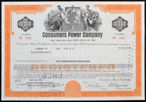 Amerikai Egyesült Államok/Michigan 1976. "Consumers Power Company" részvénye 10.000$-ról, perforált, bélyegzésekkel T:I USA/Michigan 1976. "Consumers Power Company" share about 10.000 Dollars, perforated, with stampes C:UNC