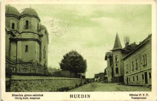Bánffyhunyad, Huedin; Görög katolikus templom, posta, Tipografia Abraham / Greek catholic church, post office 'Bánffyhunyad visszatért' So. Stpl (EB)