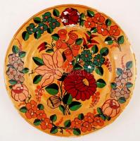 4 db dekoratív, népi motívumos Gránit falitányér, kézzel festett, jelzett, az egyik kopásnyomokkal, ...