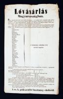 1853 Pest, A cs. k. pótló-avatási bizottmány elnöke által a cs. kir. hadügyminisztérium nevében kiadott lóvásárlási hirdetmény, mely a hazai lótenyésztés előmozdítása érdekében katonai használatra alkalmas lovak vásárlását irányozta elő, felsorolva a lovakkal szemben támasztott követelményeket, kétnyelvű