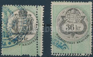 1868 Okirati illetékbélyeg 15kr, 36kr extra fogazás