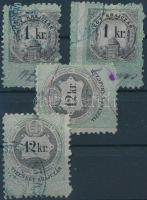 1870 Okirati illetékbélyeg 2 x 1kr, 2 x 12kr elfogazás és három pólyás