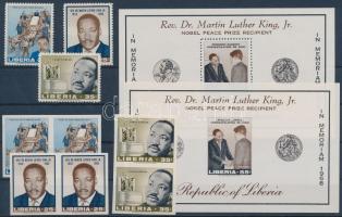 Martin Luther King perforated set + 3 imperforated pairs + perforated + imperforated block, Martin Luther King fogazott sor + 3 vágott pár + fogazott + vágott blokk