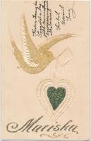 Pearl decorated greeting card, heart, bird