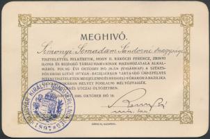 1906 A Magyar Királyi Miniszterelnökség díszes meghívója Simonyi-Semadam Sándorné szelőczei Kovács Szidónia (?-1911) részére a II. Rákóczi Ferenc, Zrínyi Ilona és társai hamvainak hazahozatala alkalmából a budapesti Szent István-bazilikában tartandó ünnepélyes szentmisére, eredeti borítékban