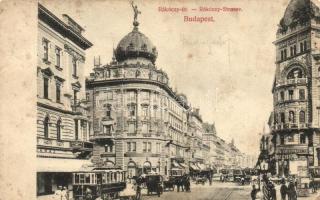 Budapest VII. Rákóczi út, drogéria, gyógyszertár, Dr. Bonyhárd M. fogorvos, Pesti hazai első takarékpénztári egyesület, Kartschmaroff A. üzlete, villamosok (ázott / wet damage)