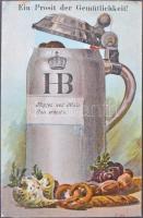 Ein Prosit der Gemütlichkeit, HB; Hopfen und Malz / Dombornyomott sörös korsó mechanikus reklámlap / München Hofbrauhaus brewery advertisement, beer mug mechanical card, Emb.