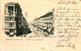 1897 Budapest VI. Andrássy út, Kötszerek és gyógyszertár, villamos