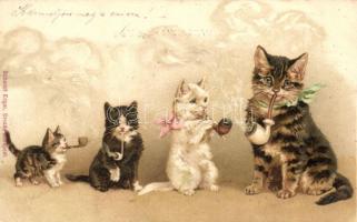 Cats with pipe, Schmidt Edgar, litho