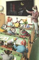 Cats in school, Arthur Thiele style post-1945 art postcard (EK)