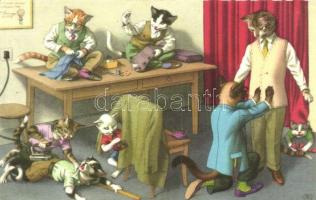 Cats, sewing; Arthur Thiele style post-1945 art postcard